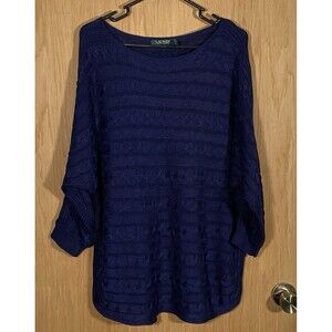Lauren Ralph Lauren Women's XL Cable Knit Boat Neck Sweater Navy Blue Old Money